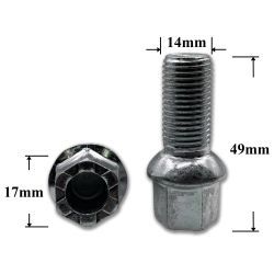 T0100 Болт колёсный иномарки М14х1,5х48/27 ключ 17, сфера, цинк (VW) T0100 Болт колёсный иномарки М14х1,5х48/27 ключ 17, сфера, цинк (VW)