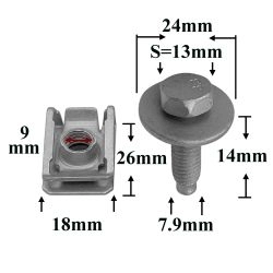 Болт автомобильный М8x14 с шестигранной головкой, шайбой и скобой, S=13 Болт автомобильный М8x14 с шестигранной головкой, шайбой и скобой, S=13